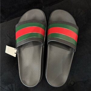 Gucci Black Slides with Red and Green Bands
